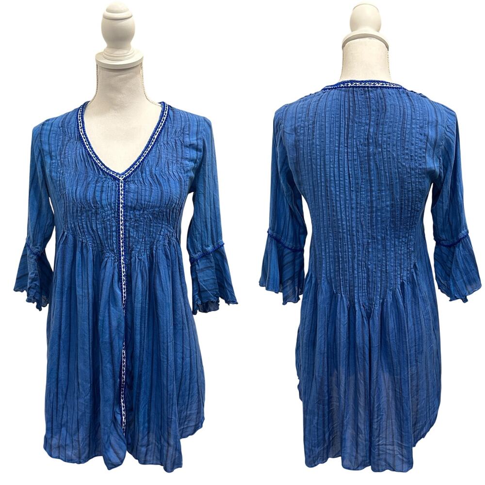 Poupette St. Barth Blue Crinkle Mini Tunic Dress Cover-Up Boho‎ Mermaid Hippie
